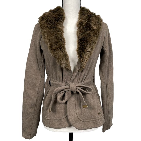 Armani Exchange Sweaters - Armani Exchange Cardigan Large Brown Faux Fur Collar Tie Front Cotton Blend
